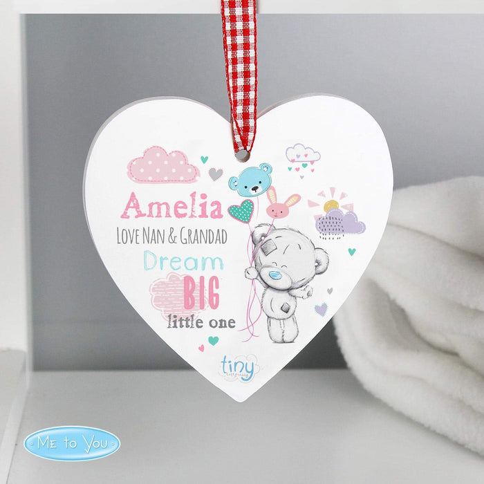 Personalised Tiny Tatty Teddy Dream Big Pink Wooden Heart Decoration - Myhappymoments.co.uk