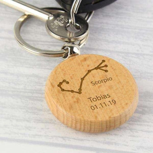 Personalised Scorpio Zodiac Star Sign Wooden Keyring (October 23rd - November 21st) - Myhappymoments.co.uk