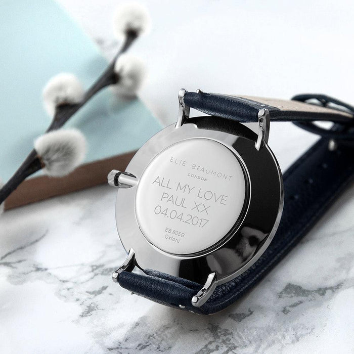 Elie Beaumont Ladies Personalised Leather Watch In Navy & Silver