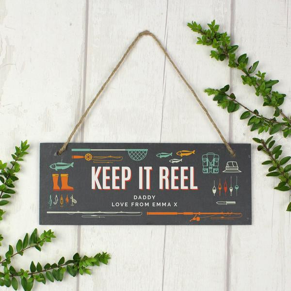 Personalised Keep It Reel Fishing Hanging Slate Sign Plaque