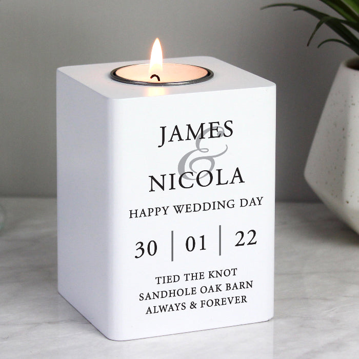 Personalised Wedding White Wooden Tea light Holder