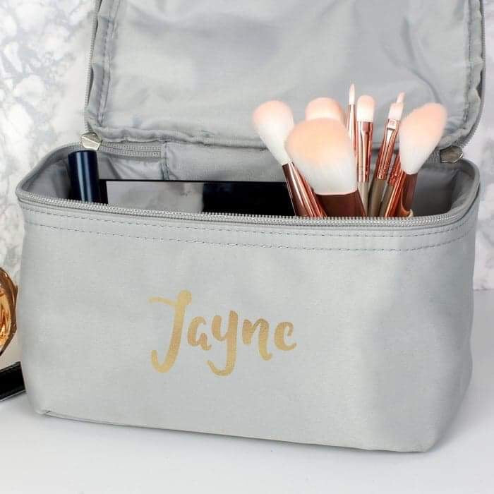 Personalised Gold Name Grey Make Up Wash Bag - Myhappymoments.co.uk