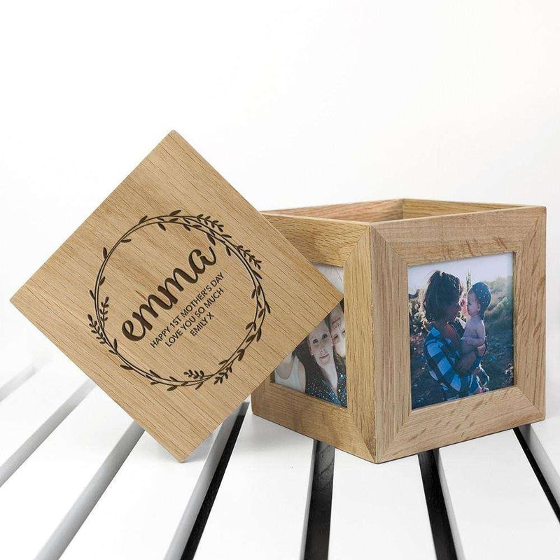 Personalised Mothers Day Photo Box Cube Oak - Myhappymoments.co.uk