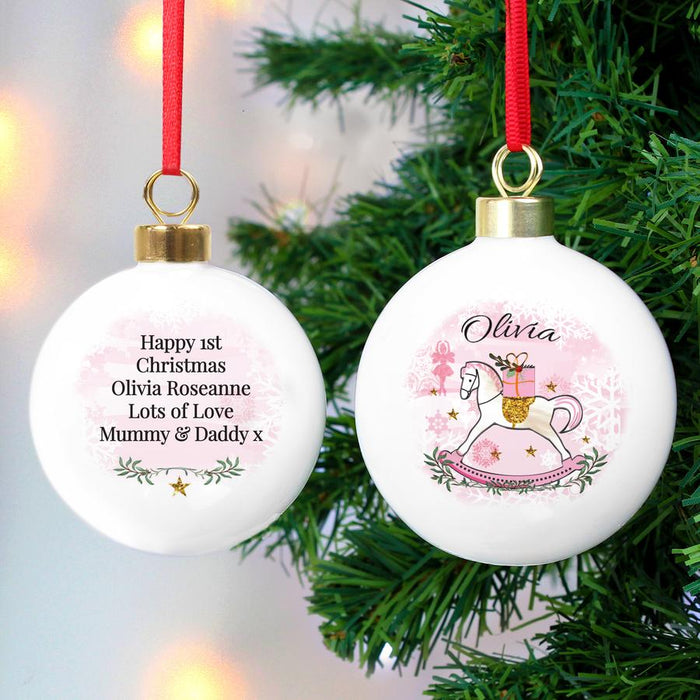 Personalised Pink Rocking Horse Christmas Bauble