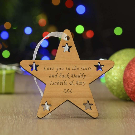 Engraved Star Wooden Hanging Tree Decoration - Own Personalised Message - Myhappymoments.co.uk