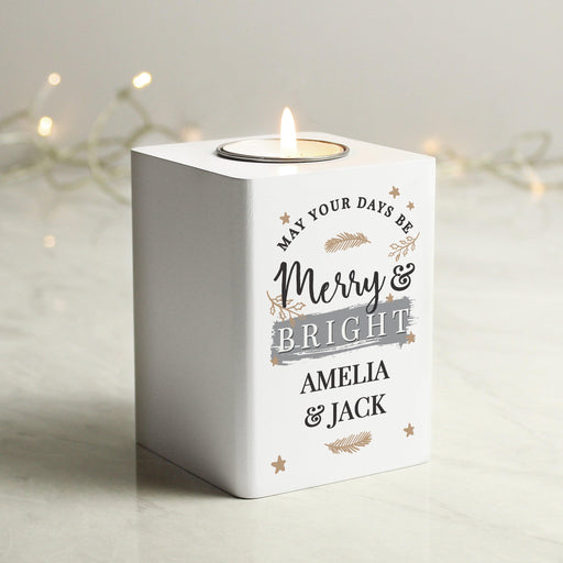 Personalised Merry & Bright Christmas White Wooden Tea light Holder