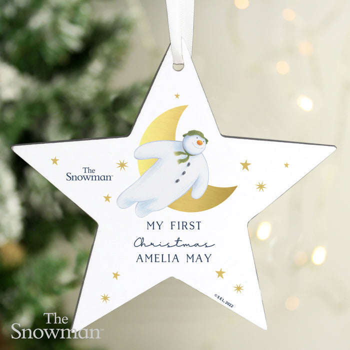Personalised The Snowman Gold Moon Christmas Wooden Star Decoration