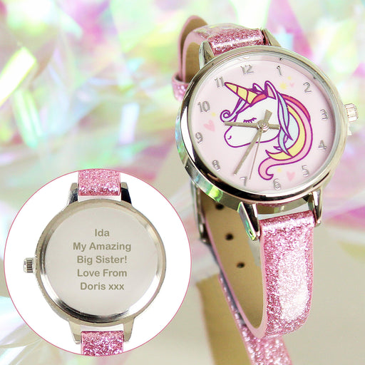 Personalised Girls Unicorn with Pink Glitter Strap Watch