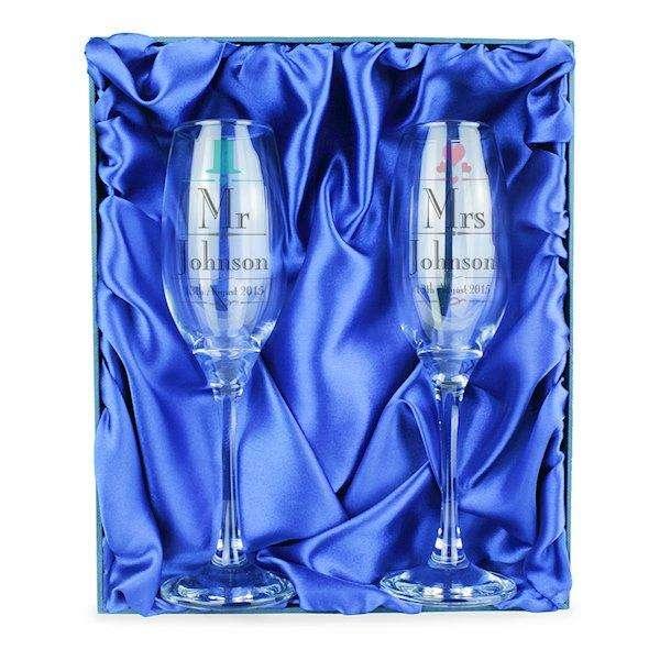 Personalised Decorative Wedding Mr & Mrs Pair of Flutes with Gift Box - Myhappymoments.co.uk