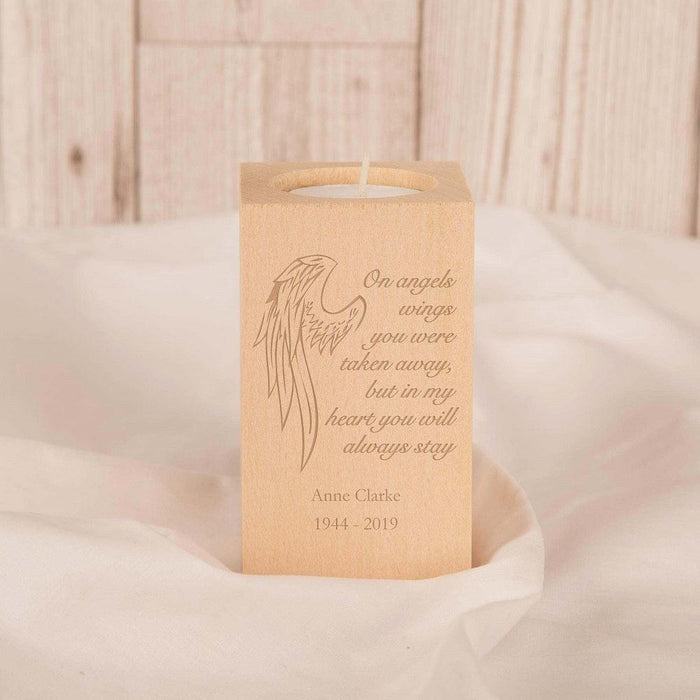 Personalised Angel Wings Memorial Wooden Tealight Holder