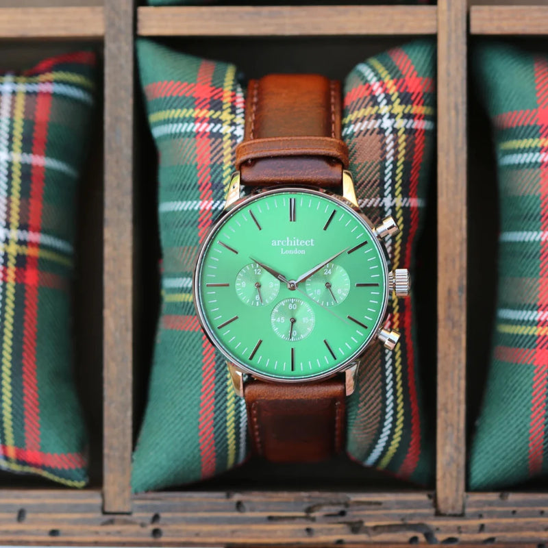 Personalised Men's Architect Motivator Watch In Envy Green With Walnut Strap