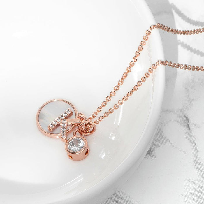 Rose Gold Initial Necklace with Mother of Pearl and Crystal Charms