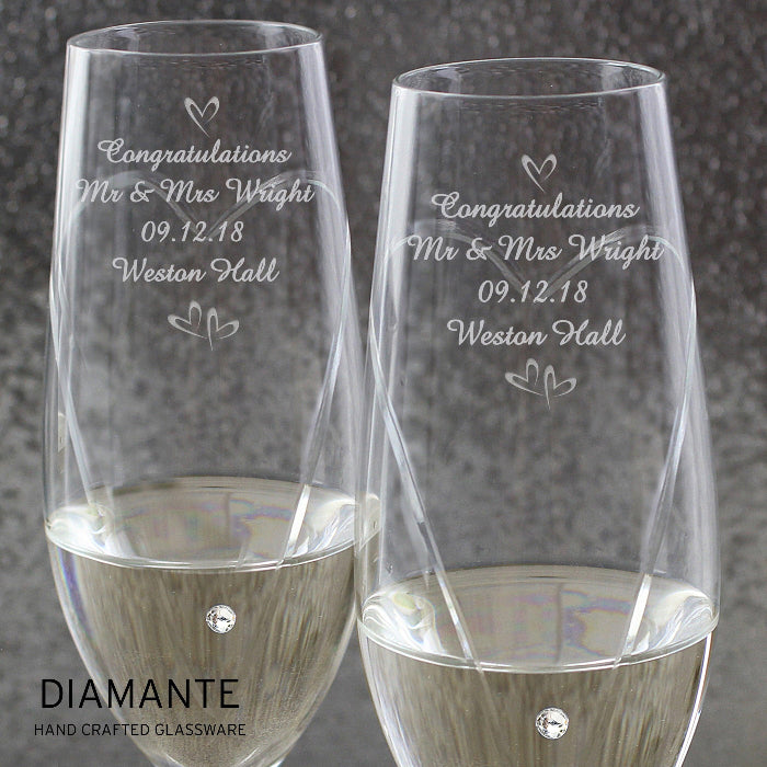 Personalised Wedding Champagne Flutes with Crystal Elements Glasses