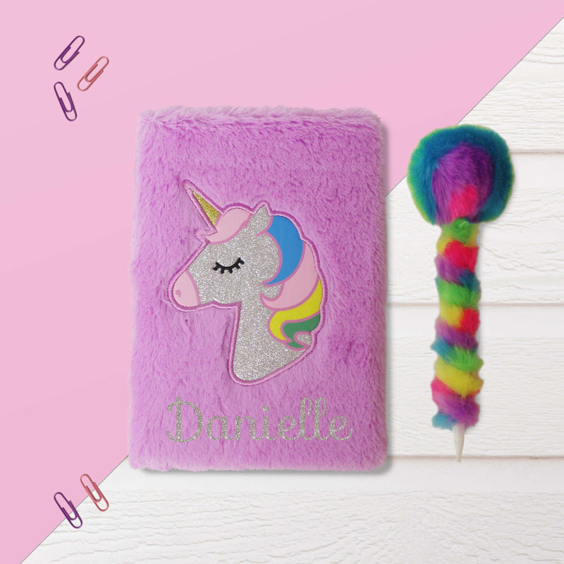 Personalised Purple Fluffy Unicorn Notebook and Fluffy Rainbow Pen - Myhappymoments.co.uk