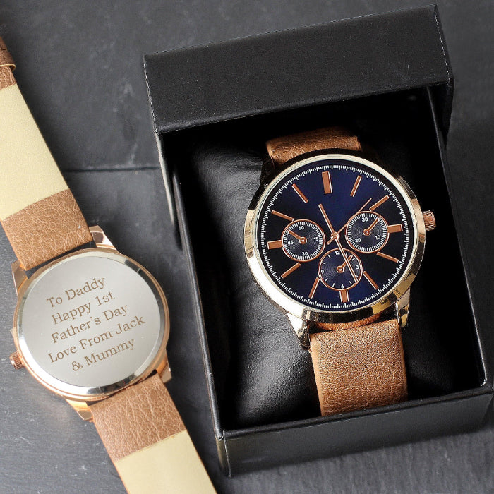 Engraved Mens Rose Gold Tone Watch with Brown Strap Gift Boxed
