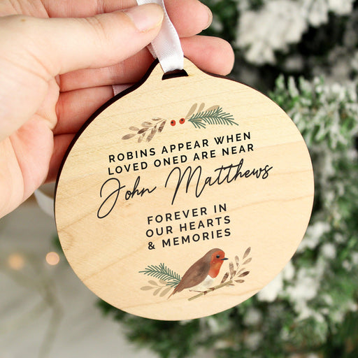Personalised Robin Memorial Round Wooden Christmas Decoration