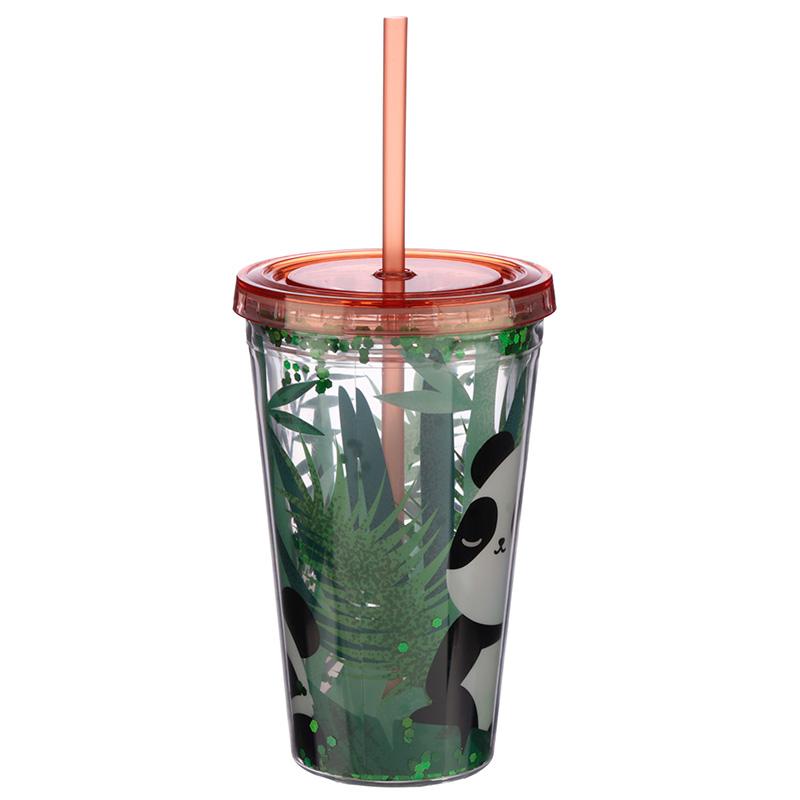 Panda Design Glitter Double Walled Cup with Lid and Straw