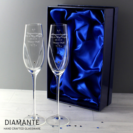 Personalised Hearts Diamante Hand Cut Pair of Champagne Flutes
