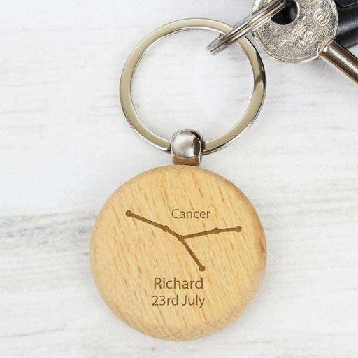 Personalised Cancer Zodiac Star Sign Wooden Keyring (June 21st - July 22nd) - Myhappymoments.co.uk