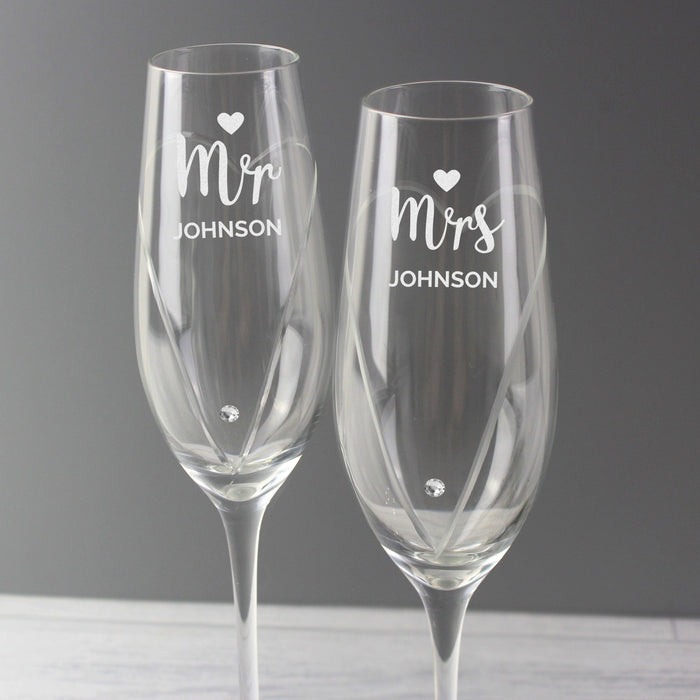 Personalised Hand Cut Mr & Mrs Pair of Flutes Glasses with Swarovski Elements in Gift Box