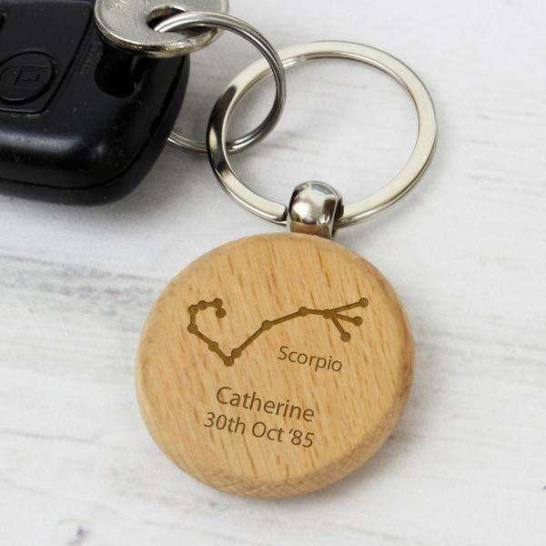Personalised Scorpio Zodiac Star Sign Wooden Keyring (October 23rd - November 21st) - Myhappymoments.co.uk
