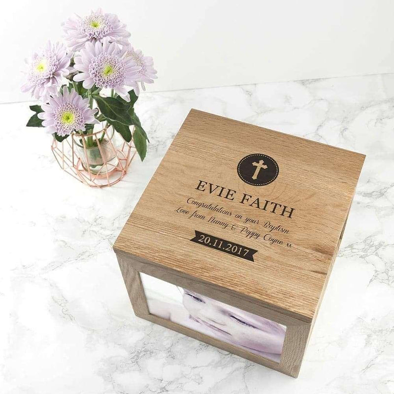 Personalised Christening Oak Photo Cube Wooden Keepsake Box