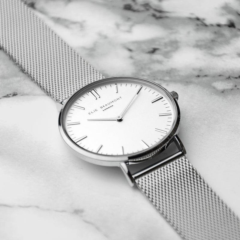 Elie Beaumont Personalised Ladies Metallic Mesh Strapped Watch With White Dial