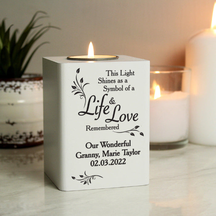 Personalised Life & Love White Remembered Wooden Tea Light Holder
