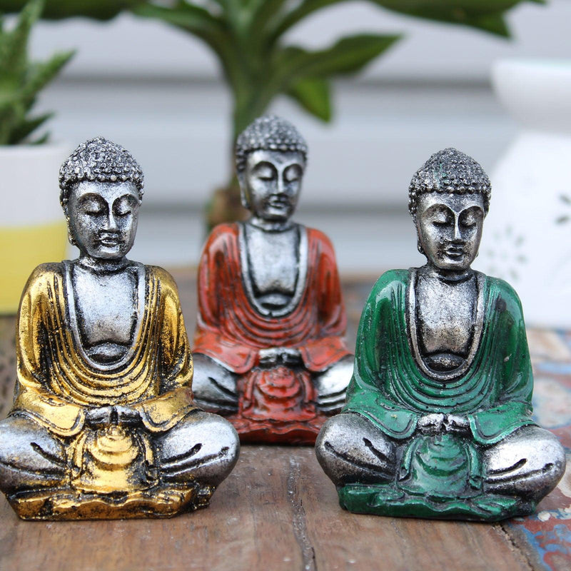 Set Of 6 Silver Mini Buddha Figures (Assorted Colours)