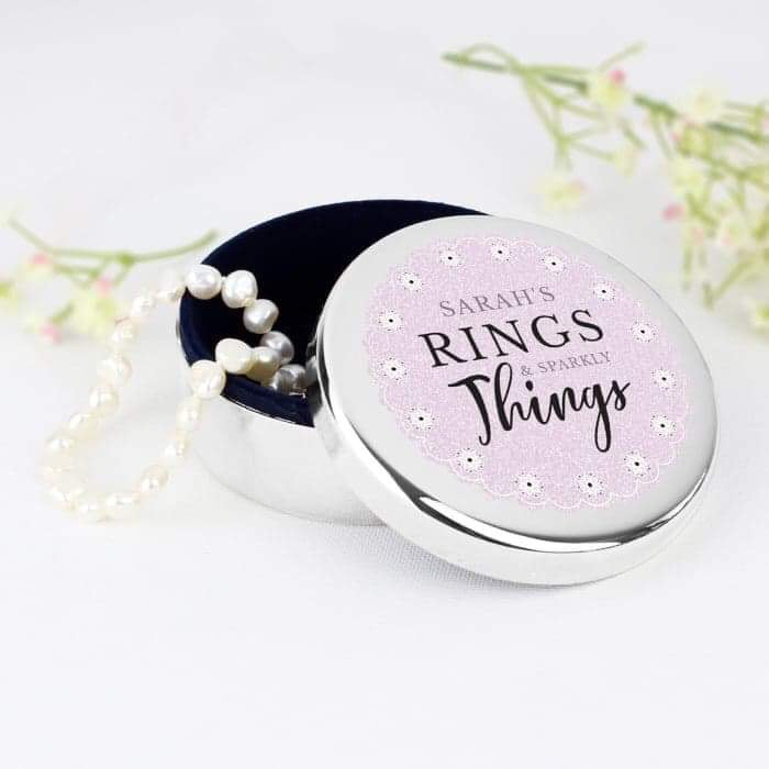 Personalised Lilac Lace 'Rings & Sparkly Things' Round Trinket Box - Myhappymoments.co.uk