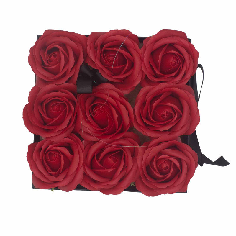 Soap Flower Gift Bouquet In Box - 9 Red Roses - Square