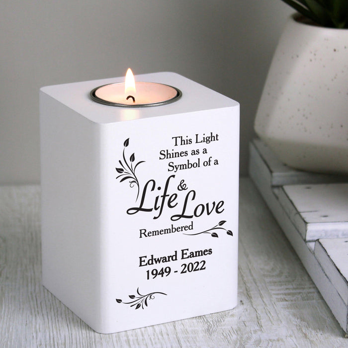 Personalised Life & Love White Remembered Wooden Tea Light Holder