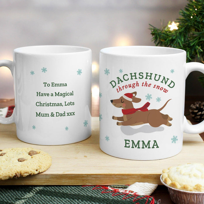 Personalised Dachshund Through The Snow Christmas Mug