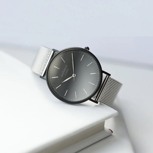 Personalised Men's Architect Minimalist Watch With Steel Silver Mesh Strap