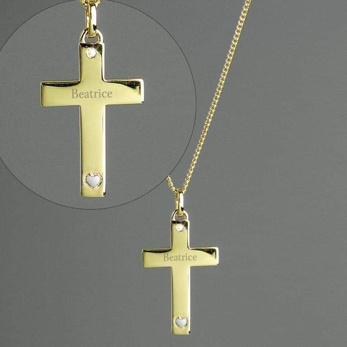 Personalised 9ct Gold Cross with Sterling Silver Heart & CZ Necklace - Myhappymoments.co.uk