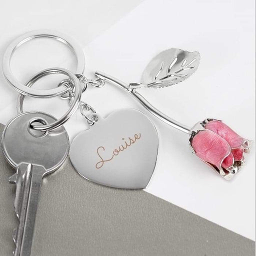 Personalised Silver Plated Name Pink Rose Keyring - Myhappymoments.co.uk