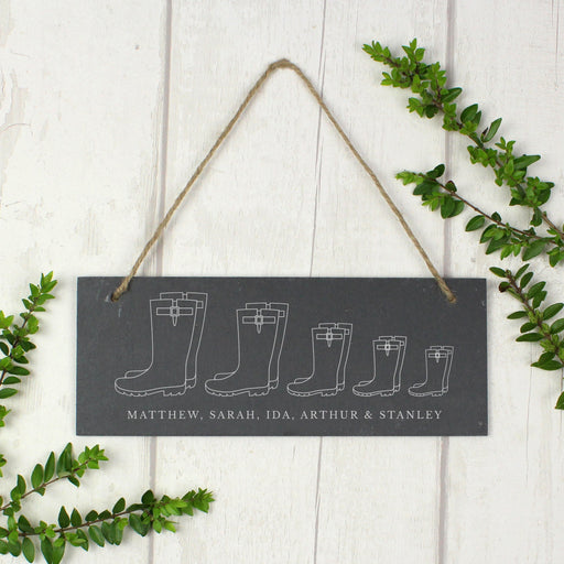 Personalised Welly Boot Family of Five Hanging Slate Sign