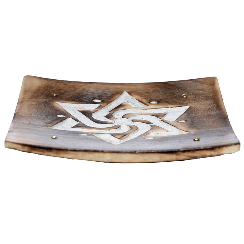 Mango Wood Square Carved Geometric Ashcatcher Incense Sticks Burner