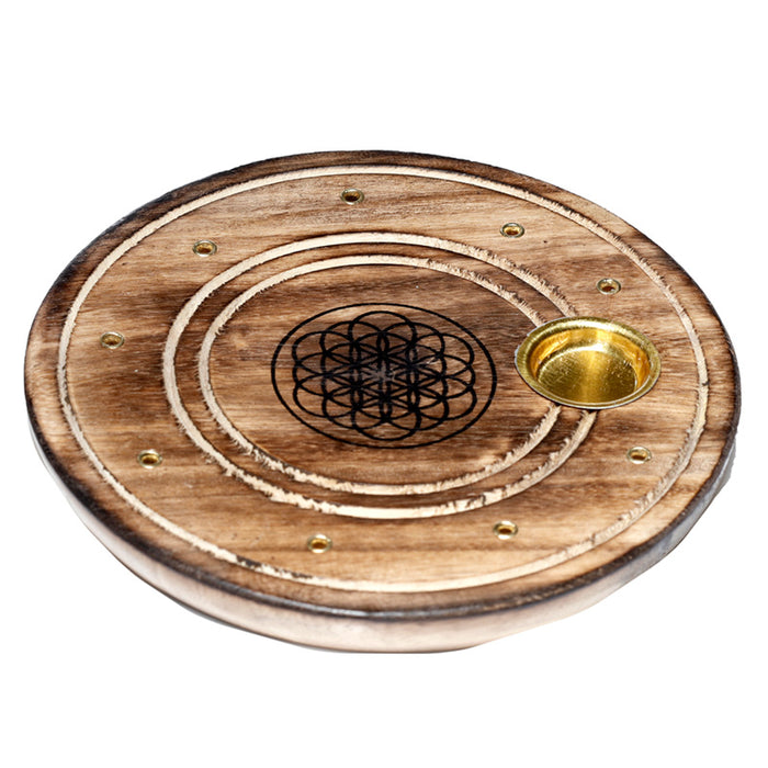 Mango Wood Round Flower of Life Ashcatcher Incense Sticks & Cones Burner