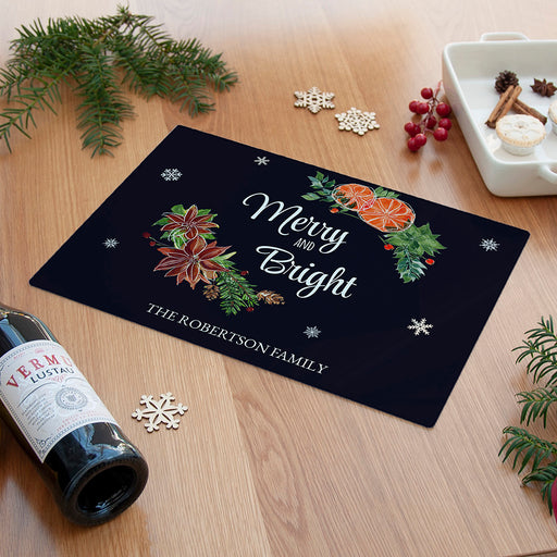 Personalised Christmas Merry & Bright Rectangular Glass Chopping Board