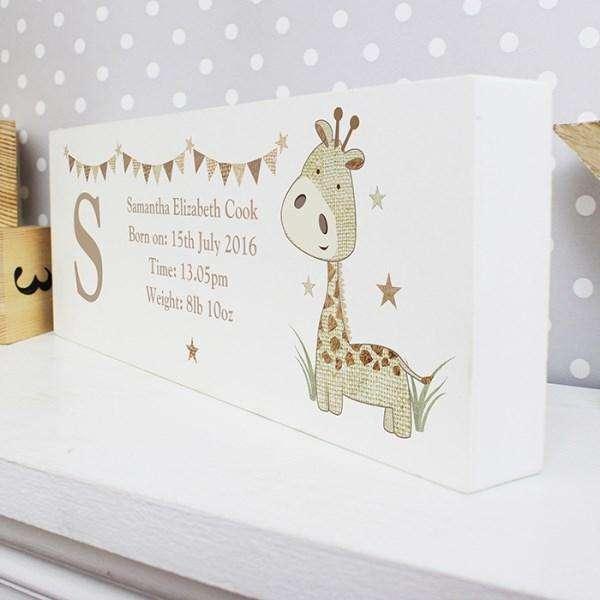 Personalised Hessian Giraffe Wooden Block Sign - Myhappymoments.co.uk