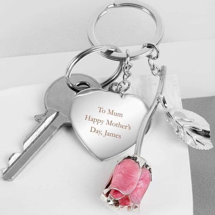 Personalised Silver Plated Pink Rose Keyring - Myhappymoments.co.uk