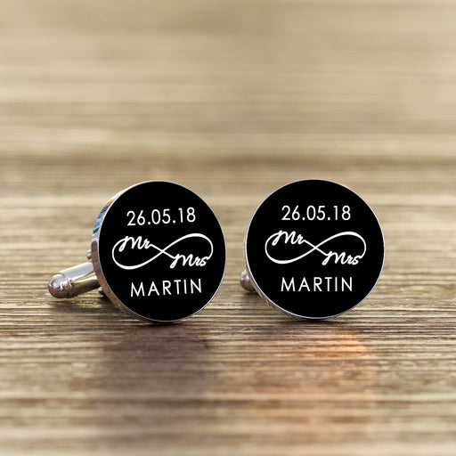 Personalised Mr & Mrs Infinity Wedding Round Cufflinks - Black