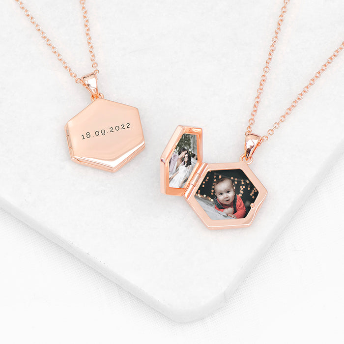 Personalised Hexagonal Photo Locket Necklace - Rose Gold Plated