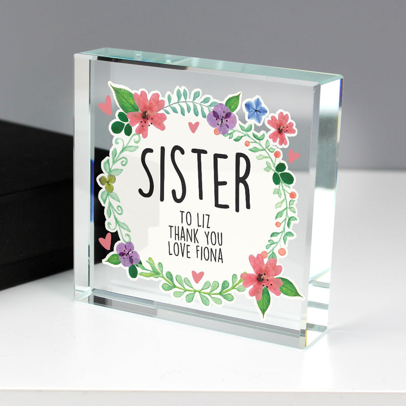 Personalised Floral Crystal Glass Block