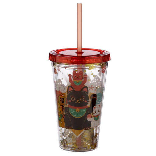 Maneki Neko Lucky Cat BPA Free PVC 500ml Double Walled Reusable Cup with Straw and Lid
