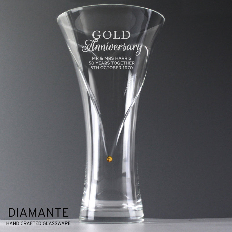 Engraved 50th Anniversary Large Hand Cut Diamante Heart Vase
