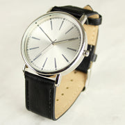 Personalised Silver with Black Leather Strap Mens Watch