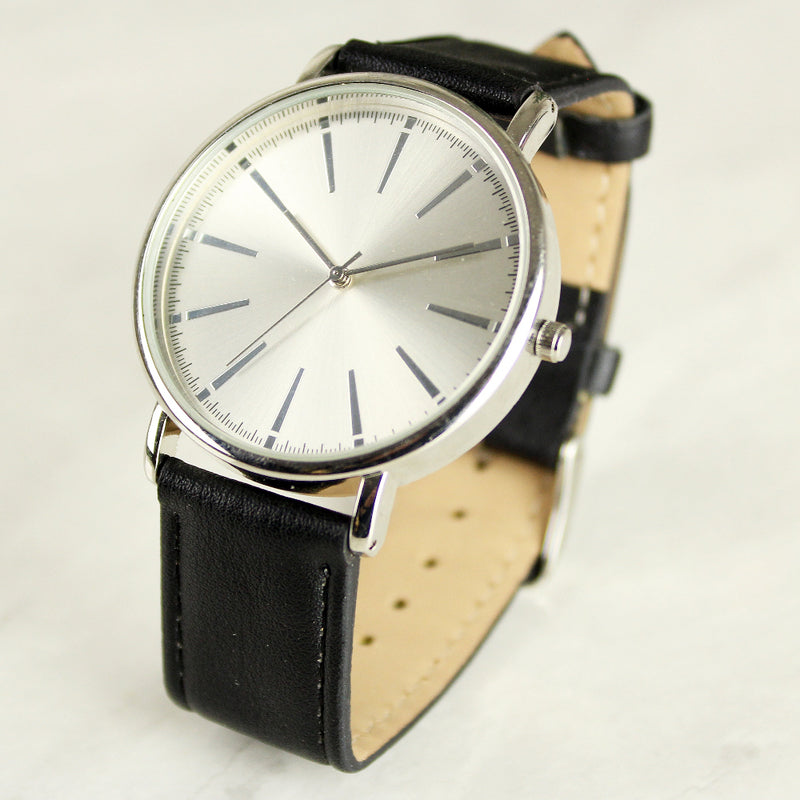Personalised Silver with Black Leather Strap Mens Watch