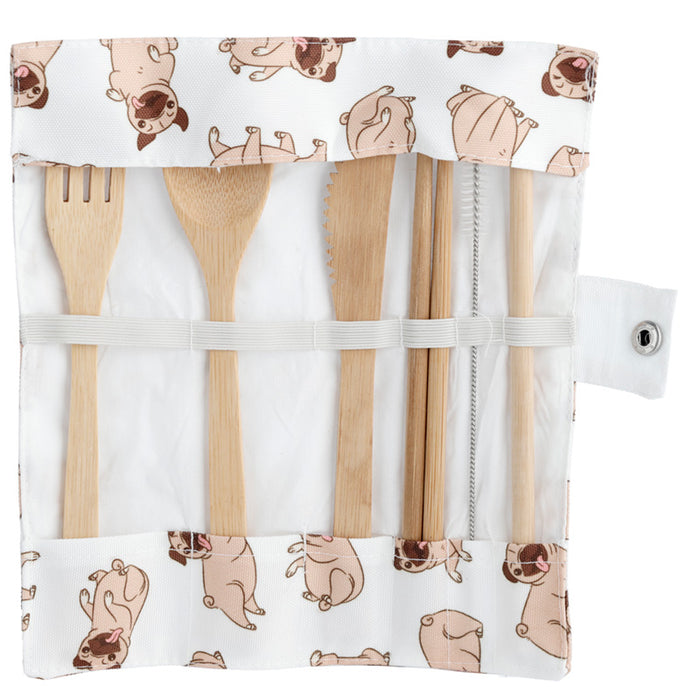Mopps Pug 100% Natural Bamboo Cutlery 6 Piece Set in Canvas Holder